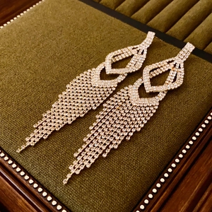Detailed close-up of luxury silver tassel earrings with sparkling rhinestones on velvet