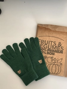 Detail of dark green knitted gloves with golden bear embroidery and wool blend texture