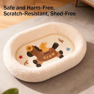 Extra large plush cat bed and scratching bowl with cartoon horse and star patterns