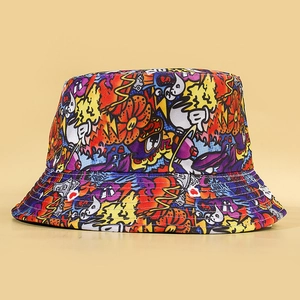 Reversible bucket hat featuring colorful street style graffiti and lightning prints