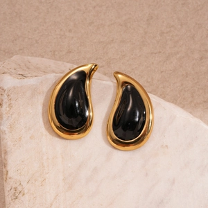 Retro water drop stud earrings in gold and black enamel finish on natural stone
