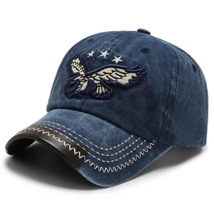 Vintage washed denim baseball cap with eagle embroidery and contrast leather brim