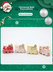 Set of four glittering Christmas train ornaments in red, gold, and pink with hanging cords