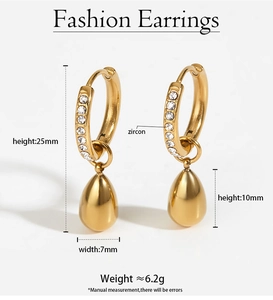 Detailed dimensions of gold drop earrings with white zircon accents in 25mm height