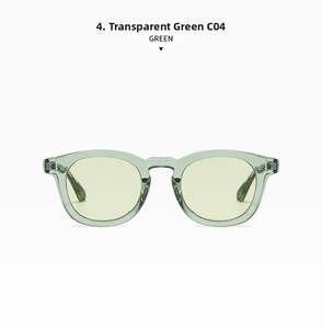 Detail view of transparent green oval sunglasses frame with internal metal reinforced core
