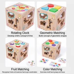 Multifunctional wooden activity cube for toddlers featuring clock and shape matching