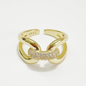 Adjustable S925 sterling silver ring with double-row cross design and cubic zirconia