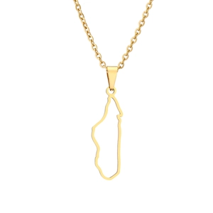 Close-up of golden Madagascar map pendant necklace with polished stainless steel finish
