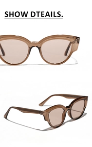 Detailed view of brown cat-eye sunglasses with TR90 frame and inner temple specifications