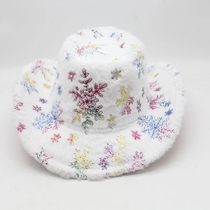 Close-up detail of white faux fur texture and colorful snowflake patterns on winter hat