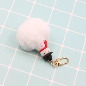 Detail of white pom-pom snowman keychain with red scarf and gold metal ring