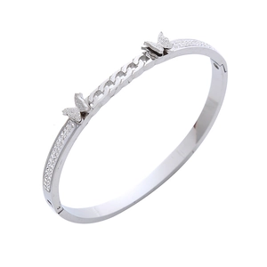 Silver stainless steel bracelet featuring hollow chain design and sparkling crystal butterfly charms