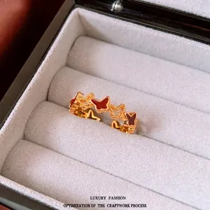 Bague Ouverte Papillon Plaqué Or 18K Cuivre Vintage Émail Rouge Ajustable Bijoux De Mode Pour Femmes