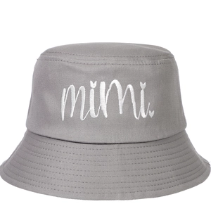 Close-up of mimi script embroidery on grey cotton canvas fisherman bucket hat