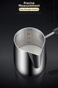 Close-up of 550ml stainless steel milk frothing pitcher with precise internal scales