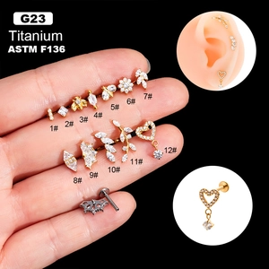 G23 Titanium Internally Threaded Labret Stud Ear Cartilage Piercing Jewelry With Cubic Zirconia Flower Bee Heart Shape