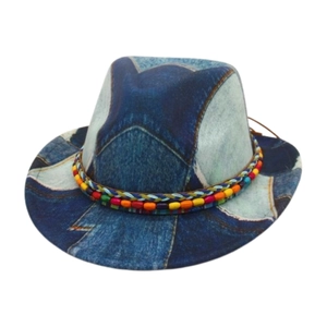 Western style denim patchwork fedora hat with rainbow beads and ethnic decoration