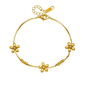 Elegant gold-plated stainless steel necklace with small flower pendants and shiny beads