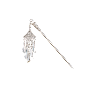 Silver hollow hair stick with tassel and fan shape for traditional Chinese Hanfu styling