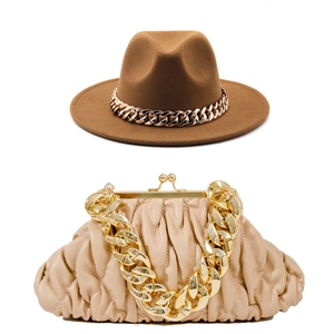 Matching set of brown wool jazz hat with chain and beige ruched cloud bag with gold strap