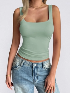 Close-up of light green square neck tank top with slim fit minimalist design