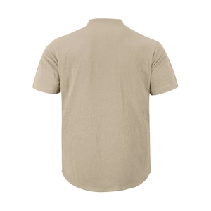 Rear view of khaki short-sleeved linen shirt with mandarin collar and loose casual fit