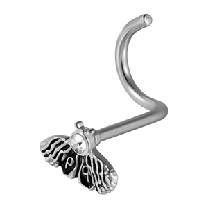 Vintage moth-shaped stainless steel nose stud with black enamel and sparkling zircon