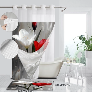 Macro detail of waterproof floral shower curtain with reinforced metal ring eyelets