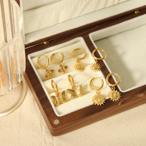 18K gold plated stainless steel hoop earring set with bee butterfly and sun pendants