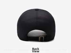 Detail view of the black cotton baseball cap back with adjustable bronze metal buckle