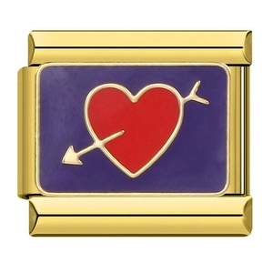 Italian charm link with gold frame, purple enamel, and red heart with cupid arrow