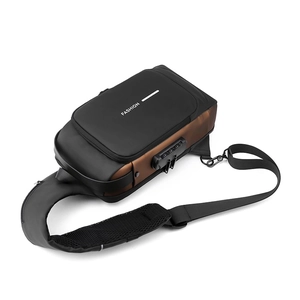 Detailed view of water-resistant chest bag featuring anti-theft combination lock and USB port