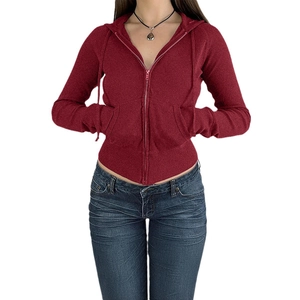 Slim fit red zip-up hoodie cardigan for women featuring a drawstring hood and knit fabric
