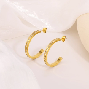 Boucles D'Oreilles Créoles En Forme De C Français Plaqué Or 18K Acier Inoxydable Zircone Cubique Incrustée Pour Femmes
