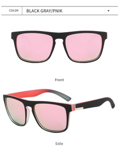Polarized sunglasses with matte black frames and pink mirrored lenses front and side view