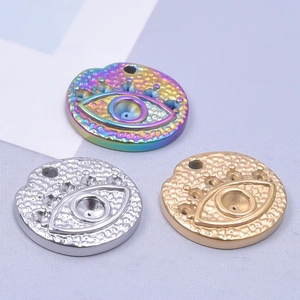 Three-color evil eye metal pendants with hammered texture in gold silver and rainbow finishes