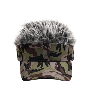 Detail of camouflage visor hat featuring realistic grey and white faux hair texture