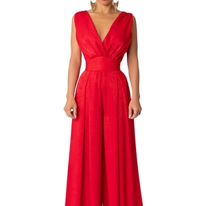 Fashionable red sleeveless V-neck jumpsuit with a high waist and wide leg silhouette