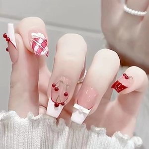 Unghie Finte Coffin Press On Rosso Bianco Plaid French Tip 3D Fiocco Ciliegia Unghie Rimovibili Per Donne
