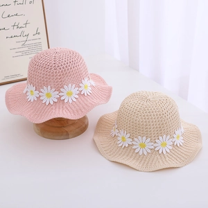 Kids Girl Straw Sun Hat Daisy Floral Lace Bowknot Summer Beach Bucket Hat Breathable Wide Brim Outdoor Hat For Toddler Girls