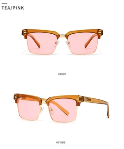Detailed view of square semi-rimless tea frame sunglasses with pink lenses and gold trim