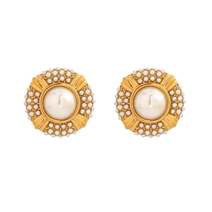 Minimalist 304 stainless steel gold hoop earrings with central pearl and halo detail