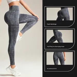 Leggings de yoga sans couture taille haute avec effet push-up et texture délavée