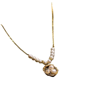 Handmade gold nest pendant necklace with natural freshwater pearls for women