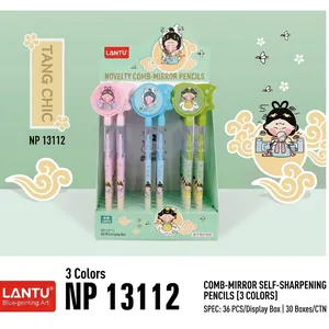 Close-up of non-sharpening pencil sets with mirror and comb toppers in three colors