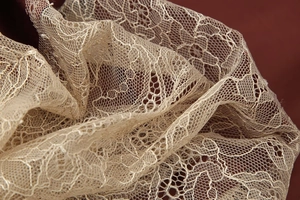 Close-up of golden champagne lace fabric featuring intricate floral embroidery details