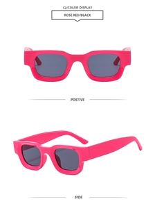 Detail view of rose red square sunglasses with black lenses from front and side angles