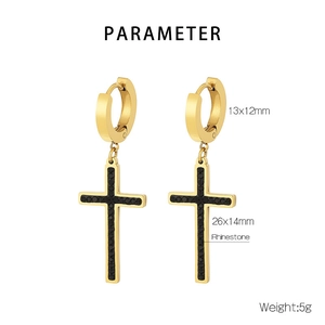 Detailed size parameters for gold titanium steel cross earrings with black rhinestones