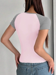 Rear view of a pink Y2K slim fit U-neck T-shirt with grey contrast raglan sleeves