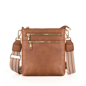 Brown PU leather crossbody bag with detachable jacquard strap and dual metal zippers
